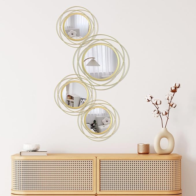 Cityelf 4 Set Mixed Size Gold Circle Mirrors Wall Decor Iron Frame Wall Art Round Mirror Home Decor Hanging for Living Room/Bedroom/Bathroom/Entryway
