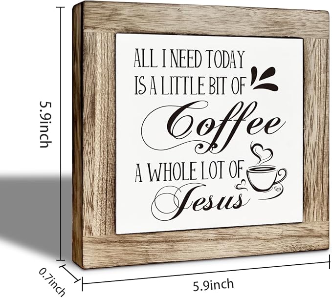 Coffee Bar Accessories, Rustic Wooden Table Top Decoration, for Coffee Station Home Farmhouse Kitchen and Office, Funny Kitchen Decoration 5.9×5.9 inch