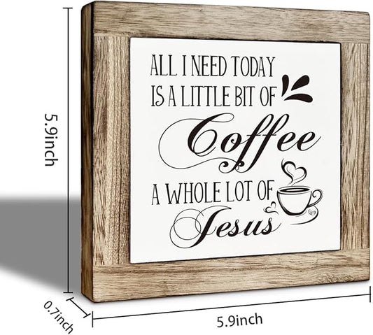 Coffee Bar Accessories, Rustic Wooden Table Top Decoration, for Coffee Station Home Farmhouse Kitchen and Office, Funny Kitchen Decoration 5.9×5.9 inch