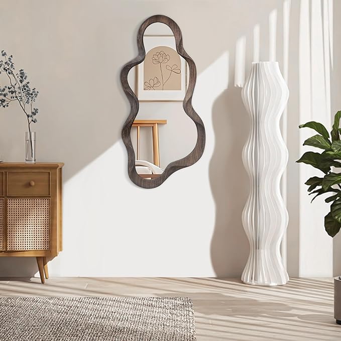 Large Asymmetrical Mirrors for Wall Wood Frame Irregular Mirror Unique Cloud Wavy Mirror Modern Living Room Bedroom Vanity Entryway Hallway Decorative Artistic Wall Mirror
