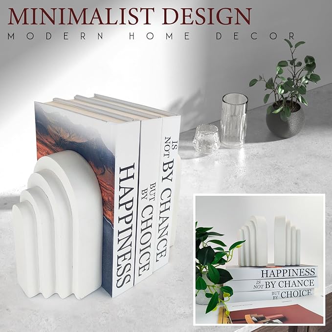 Book Ends for Heavy Books, Resin Decorative bookends, Heavy Duty Book end for Shelves, Book Stopper for Shelves, Modern Home Decor Aesthetic Book Ends, Layered Arch Design Set of 2(Cream White)