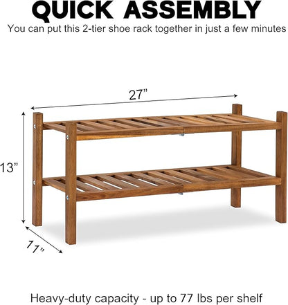 Natural Acacia Wood 2-Tier Folding Shoe Rack – Space-Saving Wooden Shoe Organizer Shelf for Entryway, Hallway, Mudroom, or Closet – Compact Indoor Storage for Footwear & More