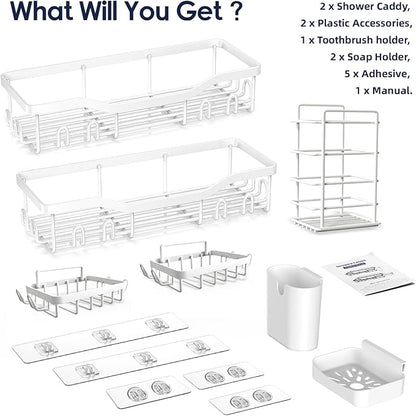 Shower Caddy Adhesive Shower Organizer 7-Pack, Rustproof Stainless Steel Bathroom Shelves, Large Capacity No-Drill Rack Storage Accessories with Soap Dish Toothbrush Holder Hooks