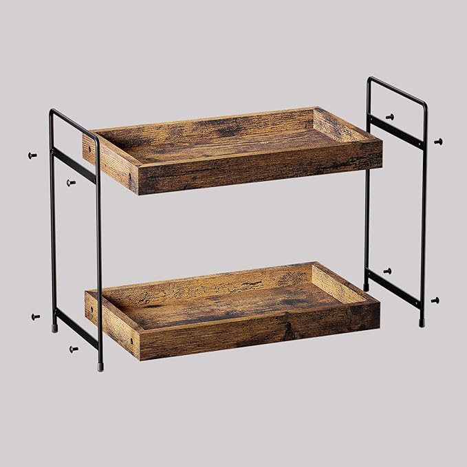 2-Tier Bathroom Counter Organizer, Wood Kitchen Countertop Spice Rack, Vanity Cosmetic Makeup Organizers Shelf for Bathroom Storage Organization, Rustic Brown