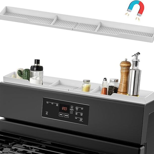 AWOKE Stove Top Shelf 30 Inch - Silicone Material Magnetic Shelf for The Stove - 3 Functional Partitions Kitchen Spice Rack Organizer - White