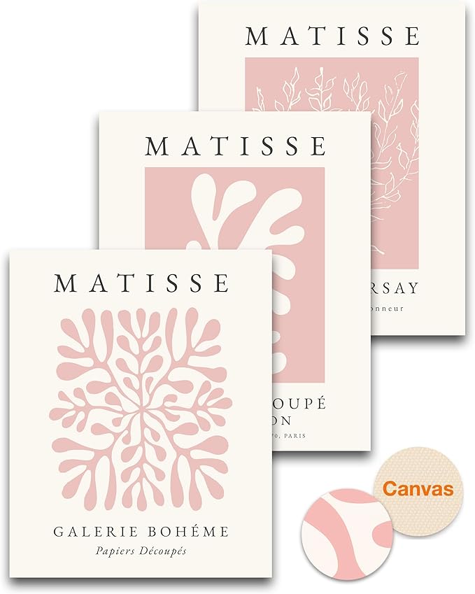 HesenDot Unframed Pink Wall Art Set of 3,12x16in Matisse Canvas Prints,Abstract Botanical Wall Decor Posters,Minimalist Modern Home Decoration for Living Room Bedroom Office