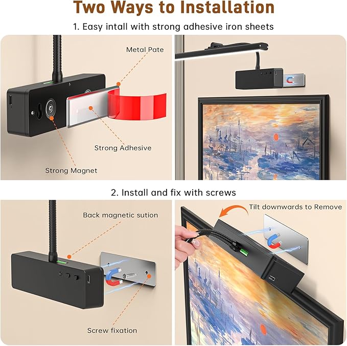 Picture Light, 15.35inch Picture Lights for Wall Rechargeable, Battery Lights for Pictures on Wall, 3 Color Art Lighting for Paintings with Timer and Dimmable Artwork Display (Black-2PCS)