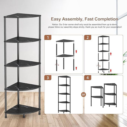 Book Shelf Corner Shelf, 5 Tier Corner Bookshelf Display for Living Room Decor, 44.1" Standing Bookcase Organizer, Marble Black Storage Shelves for Bedroom, Bathroom, Small Space