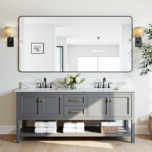Antok Wall Mirror, 30"x55" Bathroom Vanity Mirror, Anti-Rust HD Tempered Glass, Wall Mounted Mirrors for Living Room, Entryway, Black Frame, Rect