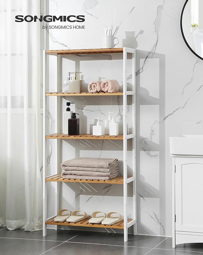 SONGMICS Bamboo Storage Shelf, 5-Tier Shelving Unit, Multifunctional, in The Entryway, Bathroom, Living Room, Balcony, Kitchen, 10.2 x 23.6 x 51.2 Inches, Cloud White and Light Bamboo UBCB35WN