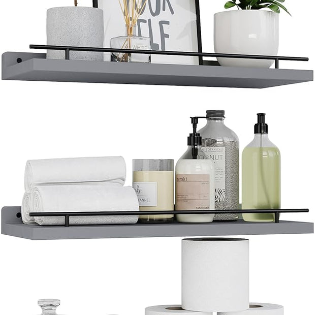 WOPITUES Floating Shelves with Black Metal Guardrail, Shelves for Wall Decor Set of 3, Wall Shelves for Bedroom, Bathroom, Kitchen, Living Room, Plants, Picture Frames, Art- Grey