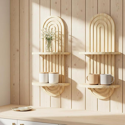 Boho Wall Shelves with Arched Wooden Design, Mid Century Modern Decor Plant Wall Shelf Set of 2, Double Floating Shelves for Home Living Room Bathroom Bedroom, 23.6 x 11.8 Inches (Natural)