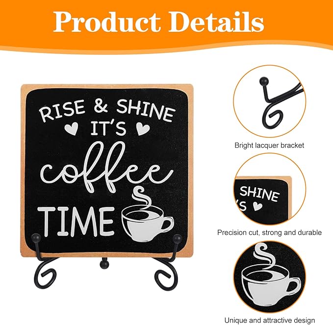 Wooden Coffee Sign Rise & Shine It's Coffee Time Decor Funny Bar Accessories Decorations Supplies Farmhouse Wood Plaque with Stand for Women Men Home Office Kitchen Tabletop Shelf