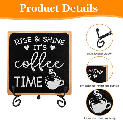 Wooden Coffee Sign Rise & Shine It's Coffee Time Decor Funny Bar Accessories Decorations Supplies Farmhouse Wood Plaque with Stand for Women Men Home Office Kitchen Tabletop Shelf