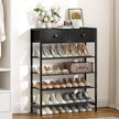 Shoe Rack, 5 Tier Shoe Organizer with 2 Drawers, Metal Shoe Storage for 16-20 Pairs of Shoes with Fabric Shelves and Wooden Top, Narrow Shoe Shelf for Closet Entryway Black