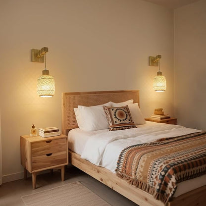 Battery Operated Wall Sconces Set of Two, Bamboo Lantern Rechargeable Wall Sconce with Remote, 15 Colors Dimmable Boho Wireless Wall Lights for Bedroom, Living Room, Wall Decor