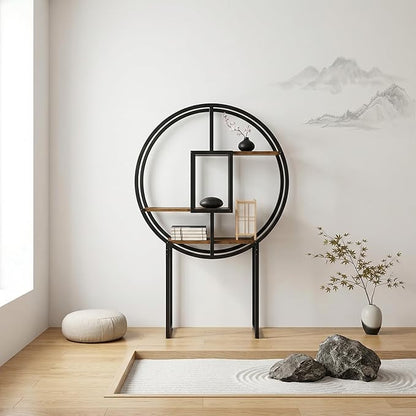 OFFICEROO Round Etagere Bookshelf 4ft 3in – Modern Asian Inspiration Circular Bookcase Shelf, Tall Circle Bookshelf & Round Shelf Standing for Living Room Display