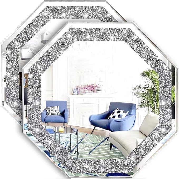 2 Piece Wall Mirrors Octagon, Crush Diamond Mirrors Wall Decor, Silver Decorative Mirrors for Living Room Decor, Bedroom, Bathroom. (12”x12”)