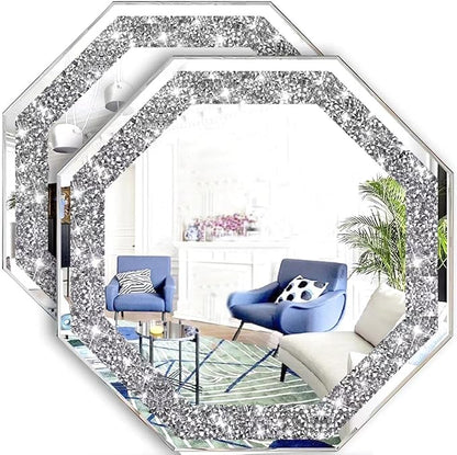 2 Piece Wall Mirrors Octagon, Crush Diamond Mirrors Wall Decor, Silver Decorative Mirrors for Living Room Decor, Bedroom, Bathroom. (12”x12”)
