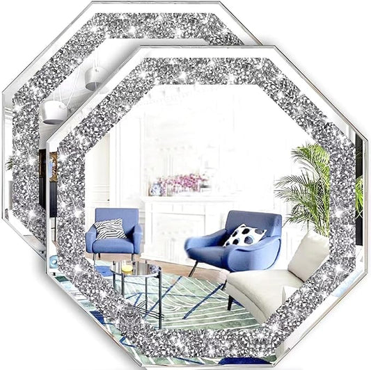 2 Piece Wall Mirrors Octagon, Crush Diamond Mirrors Wall Decor, Silver Decorative Mirrors for Living Room Decor, Bedroom, Bathroom. (12”x12”)