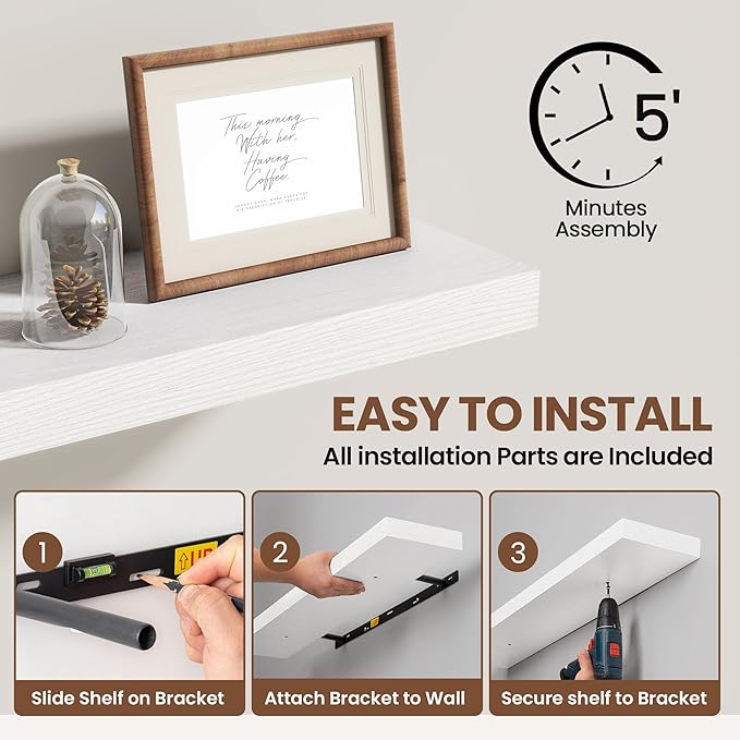 72 Inch Floating Shelves for Wall 2 Pack, 72" Wall Shelves for Books, Storage, Decor, Wall Mounted Floating Shelf with Invisible Brackets for Kitchen, Living Room, White