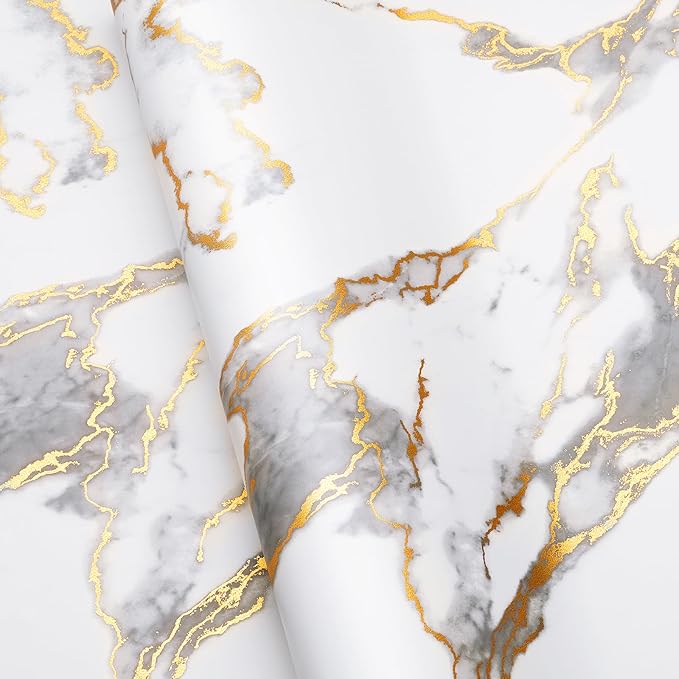 LaCheery Marble Contact Paper 160 x 36 Inch Wide White and Gold Marble Countertop Peel and Stick Waterproof Contact Paper Marble Wallpaper Peel and Stick for Wall Countertops Desk Removable Vinyl Roll