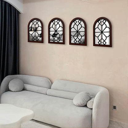 ZEXUIRU Set of 4 Arched Window Wall Mirror Rustic Farmhouse Accent Mirror Wood Framed Entry Wall Decoration for Living Room Bathroom Bedroom Kitchen