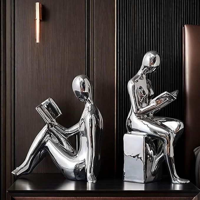 Home Decorative Reading Book Statue Bookends Elegant Ceramic Bookshelf Room Office Desk Decor,Paper Weights, Book Ends,Bookend Supports, Book Stoppers, Set of 2 (Silver)