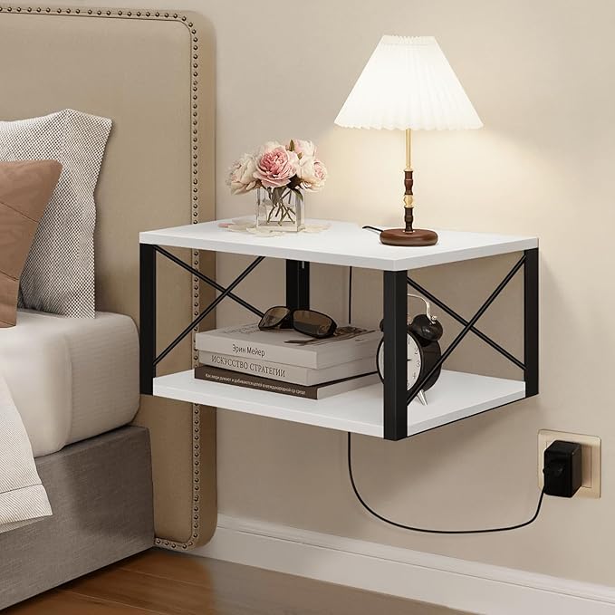 Homode Floating Night Stand, Modern Bedside Shelf Wall Mount, Wood Hanging Nightstand with Wire Hole, Floating Side Table for Bedroom Bathroom Living Room Small Places, White