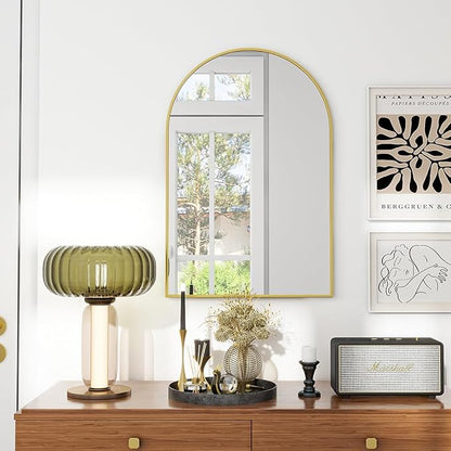 VooBang Arched Wall Mirror, 16 x 24 inch Arch Bathroom Mirror, Wall Mounted Vanity Mirror with Arch Metal Frame, Modern Bathroom Vanity Mirror for Bedroom, Living Room, Hanging or Leaning, Gold