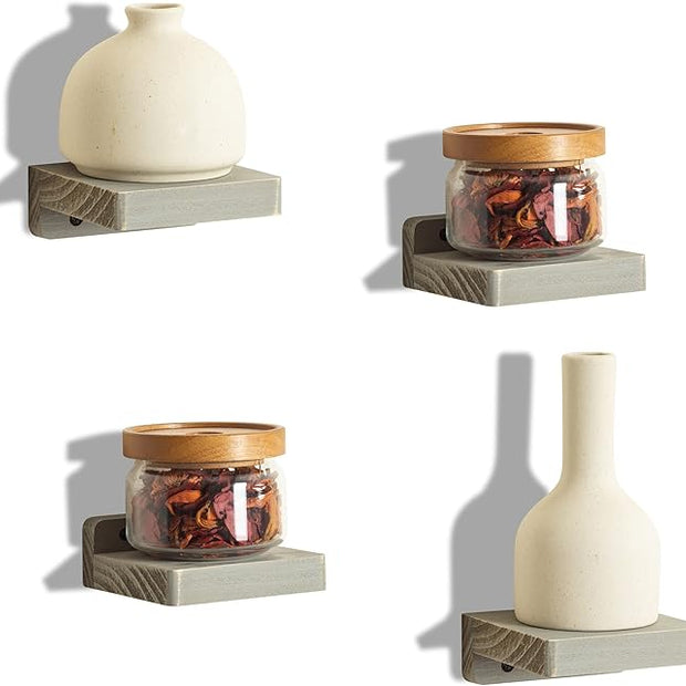 Freezing point Small Floating Shelf for Wall Set of 4 Natural Wood 4Inch Mini Wall Shelves Decor Plant Display Collectibles Mounted Kitchen Bathroom Bedroom Corner Decorative Storage Tiny Stand Grey