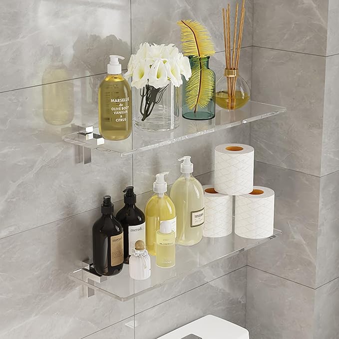 Clear Acrylic Shelf, Set of 2 Invisible Wall Shelves Wall Mounted Display Shelf, Floating Shelves for Bathroom, Bedroom, Living Room, Kitchen, Office (13.8 Inch Set of 4)
