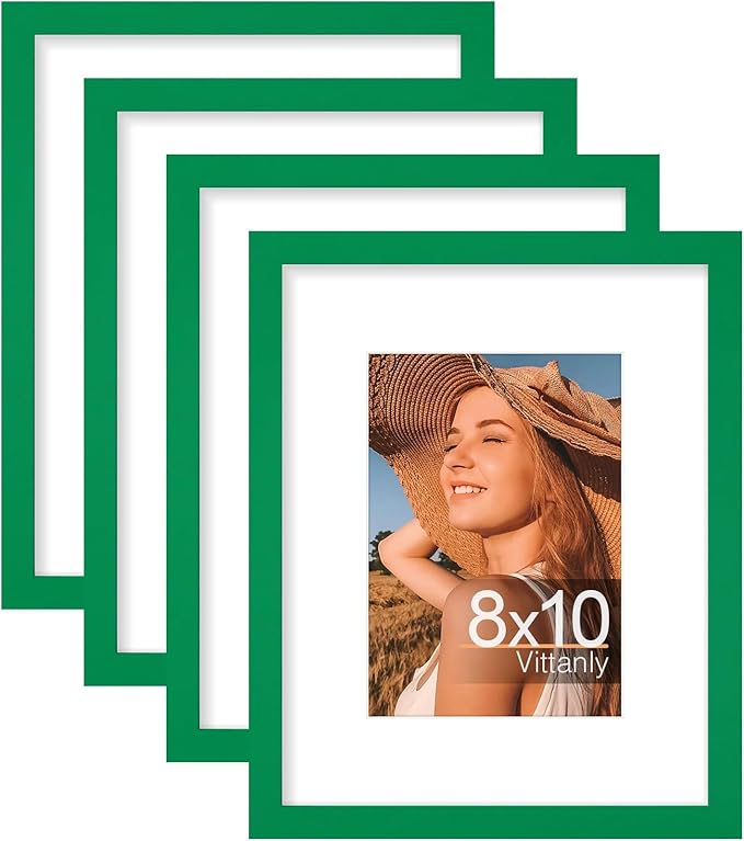 Vittanly 8x10 Picture Frames Set of 4, Display Pictures 5x7 with Mat or 8x10 without Mat, Gallery Wall Frame Set for Wall or Tabletop Display, Engineered Wood with Shatter Resistant Plexiglass, Green