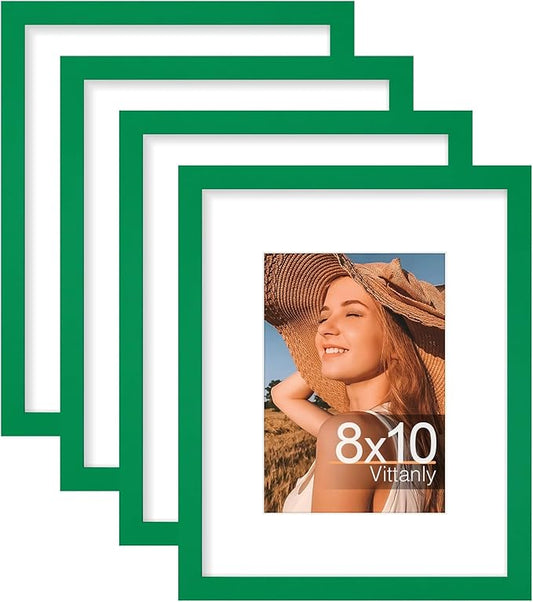 Vittanly 8x10 Picture Frames Set of 4, Display Pictures 5x7 with Mat or 8x10 without Mat, Gallery Wall Frame Set for Wall or Tabletop Display, Engineered Wood with Shatter Resistant Plexiglass, Green