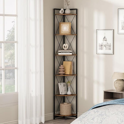 6 Tier Corner Shelf Stand, 78" H Tall Industrial Corner Bookshelf for Living Room Decor, Metal Corner Shelf, Plant Stand Display Shelf for Bedroom, Bathroom, Small Space, Rustic Brown