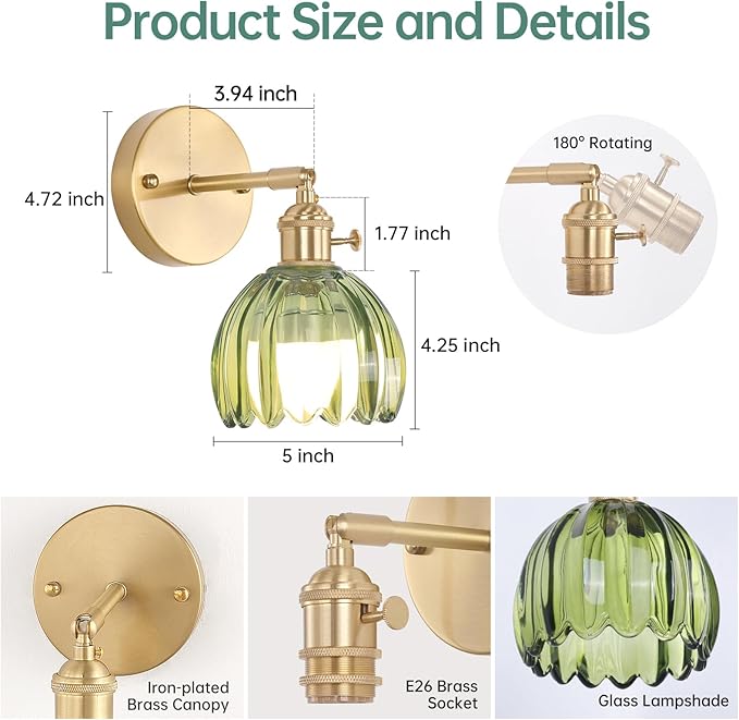 Vintage Battery Operated Wall Sconce with Green Tulip Glass Lampshade Rechargeable Battery Powered Wall Light with Remote Control for Bedside Bedroom Doorway, Set of 2