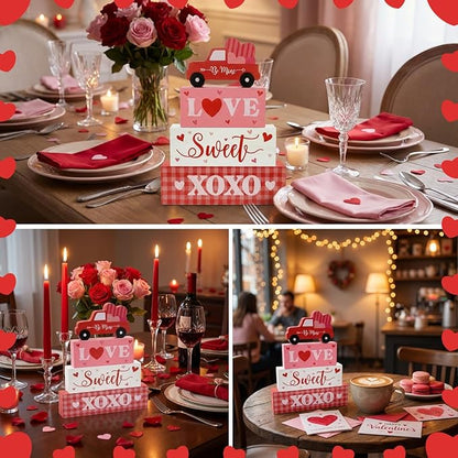 Valentine’s Day Decorations, 4 Pcs Wooden Valentine’s Day Table Decorations, Red Truck Tiered Tray Decor, Wooden Table Sign for Desk Shelf Mantel Centerpiece, Indoor Home Decor