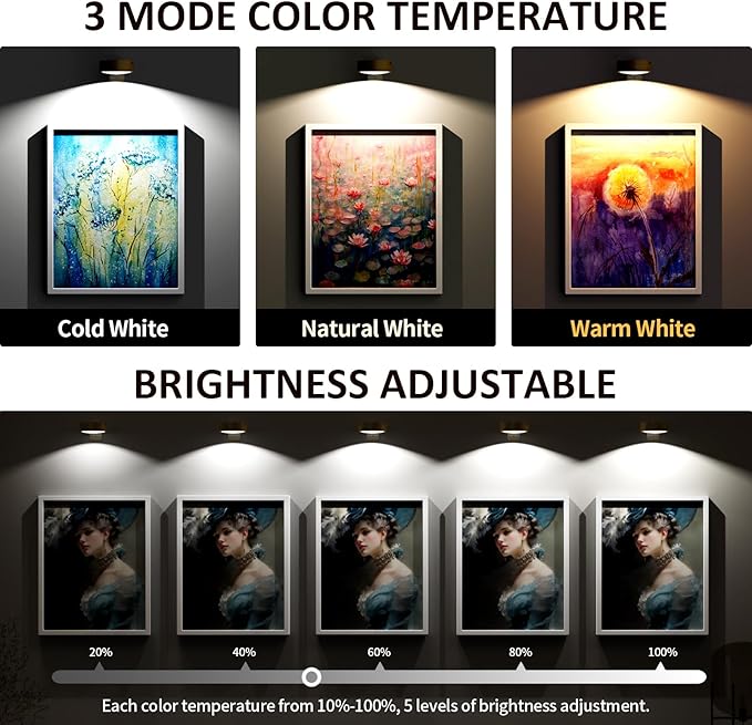 6-Pack Picture Lights for Wall, Rechargeable Battery Operated Wireless Magnetic Painting Lights with Remote Dimmable and Timer, Wall Decor Lights with 3 Lighting Modes for Art Display (Gold)