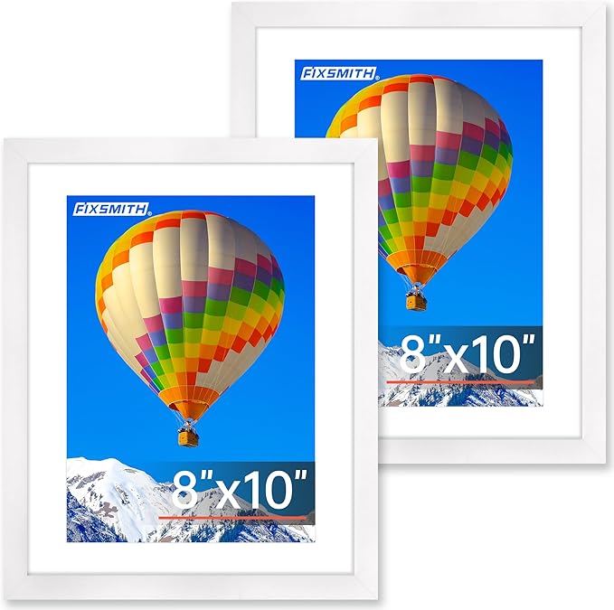 FIXSMITH 8x10 Picture Frame, White Photo Frame with HD Plexiglass, Display Pictures 5x7 with Mat or 8x10 Without Mat, Picture Frames Collage for Tabletop or Wall Display, 2 Pack