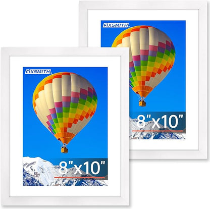 FIXSMITH 8x10 Picture Frame, White Photo Frame with HD Plexiglass, Display Pictures 5x7 with Mat or 8x10 Without Mat, Picture Frames Collage for Tabletop or Wall Display, 2 Pack