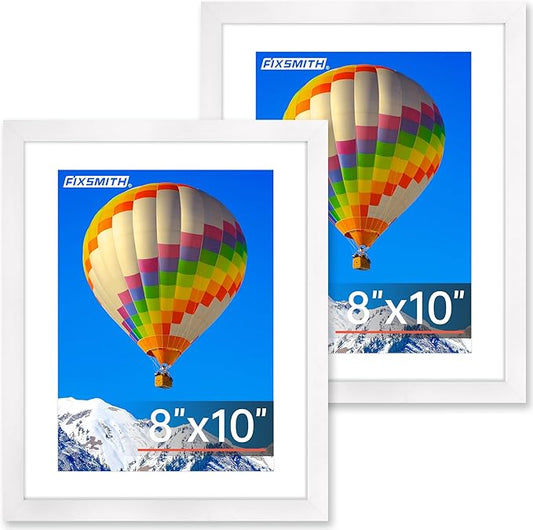FIXSMITH 8x10 Picture Frame, White Photo Frame with HD Plexiglass, Display Pictures 5x7 with Mat or 8x10 Without Mat, Picture Frames Collage for Tabletop or Wall Display, 2 Pack