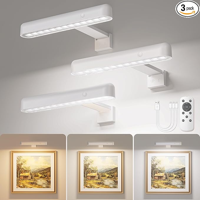 VOLISUN Picture Lights for Wall, Rechargeable Picture Light Battery Operated, 3 Color Temperatures Cordless Picture Light with Remote, Art Lighting for Paintings, Gallery, Portrait, 3 Pack (White)