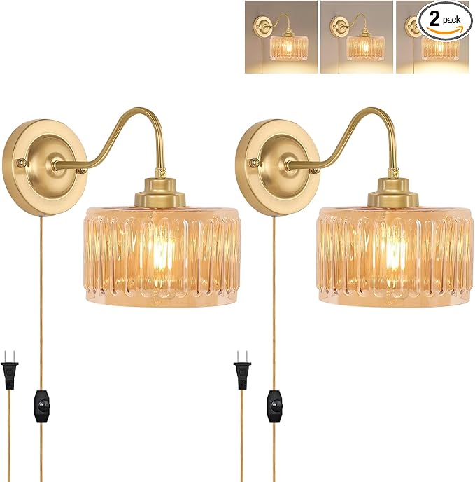 Vintage Plug in Wall Sconces,Dimmable Wall Sconces of Two,Wall Lamps with Plug in Cord & Flower Glass Lampshade,Gold Sconces Wall Decor Set of 2 Wall Lights Sconces for Bedroom