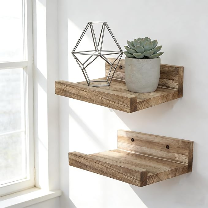 Z metnal Mini Floating Shelves, Small Natural Wooden Display Wall Shelf for Picture Ledge, Light Brown, 8 inch