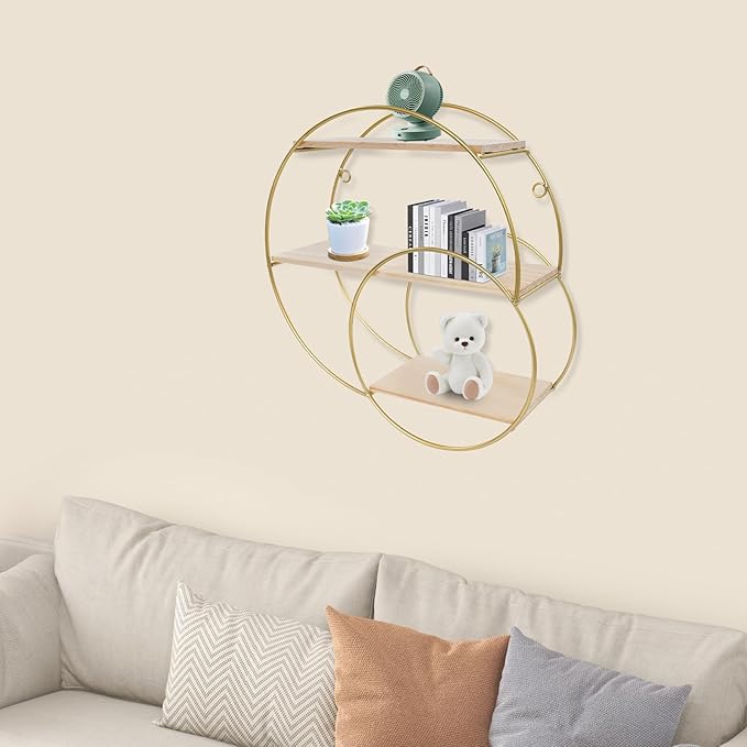 Floating Shelves Wall Mounted, 3-Tier Storage Display Rack Storage Display Rack Metal Wall Mount Display Organizer Holder for Home Decor,Gold (1, Round)