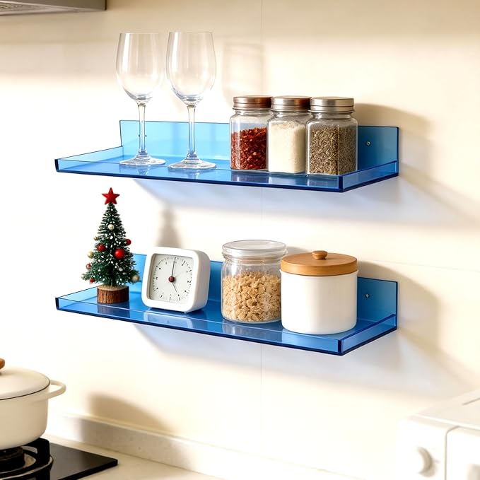 Floating Shelves for Wall Acrylic Wall Shelves for Bedroom Bathroom Living Room Kitchen 16.5X5.5'', Pack of 2, Blue
