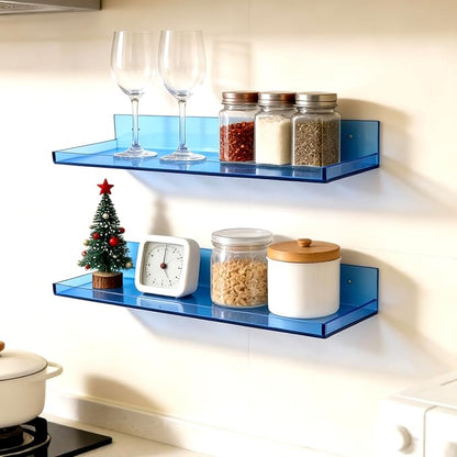 Floating Shelves for Wall Acrylic Wall Shelves for Bedroom Bathroom Living Room Kitchen 16.5X5.5'', Pack of 2, Blue