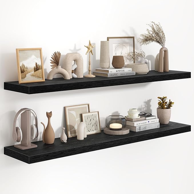 55 Inch Long Floating Shelves for Wall Set of 2, 55x9.3 Large Floating Shelf for Bedroom, Kitchen, Bathroom, Wall Mounted Rustic Wood Shelves with Invisible Bracket for Books, Decor, Black