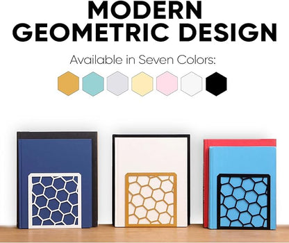 GEOMOD Geometric Honeycomb Black Metal Bookends Decorative - Tall Sturdy Book Ends for Shelves - Modern Heavy Duty Bookend Stopper - Office or Home Book Shelf Book Holder - 6x3.25x6.25 Inches - 2 Pair
