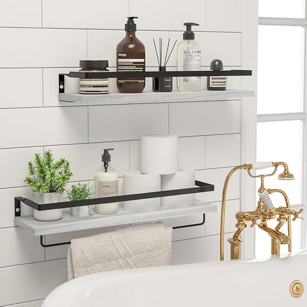Floating Shelves for Wall, Bathroom Shelves with Towel Bar, Wall Mounted Storage Shelves for Kitchen, Bathroom, Set of 2 White